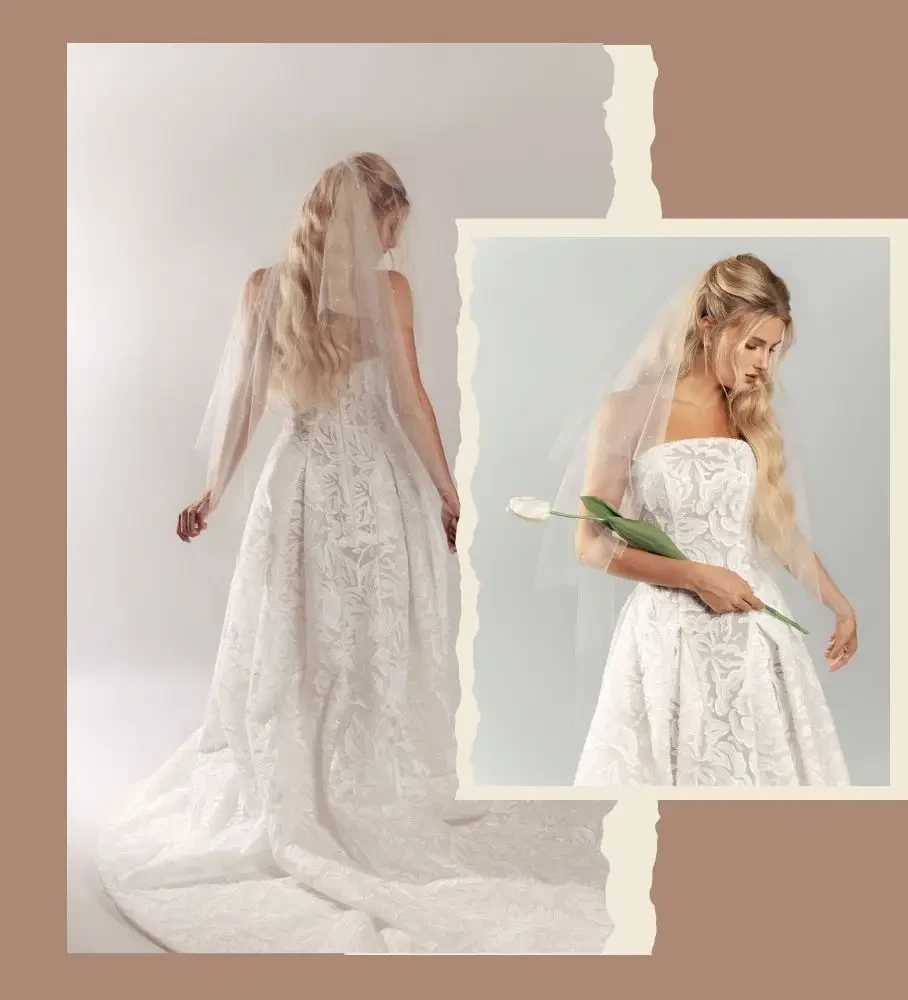 Photo of the model wearing bridal gown holding flowerand model in wedding dress with veil